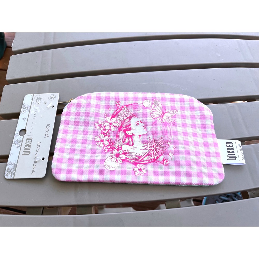 Yoobi Wicked Katie Kime Pencil Zip Case Glinda Elphaba Gingham Pink Green NEW
